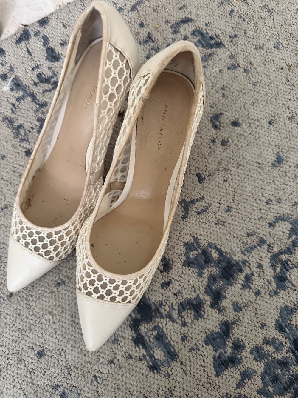 Ann Taylor Lace-Panel Pointed Toe Pumps in Cream